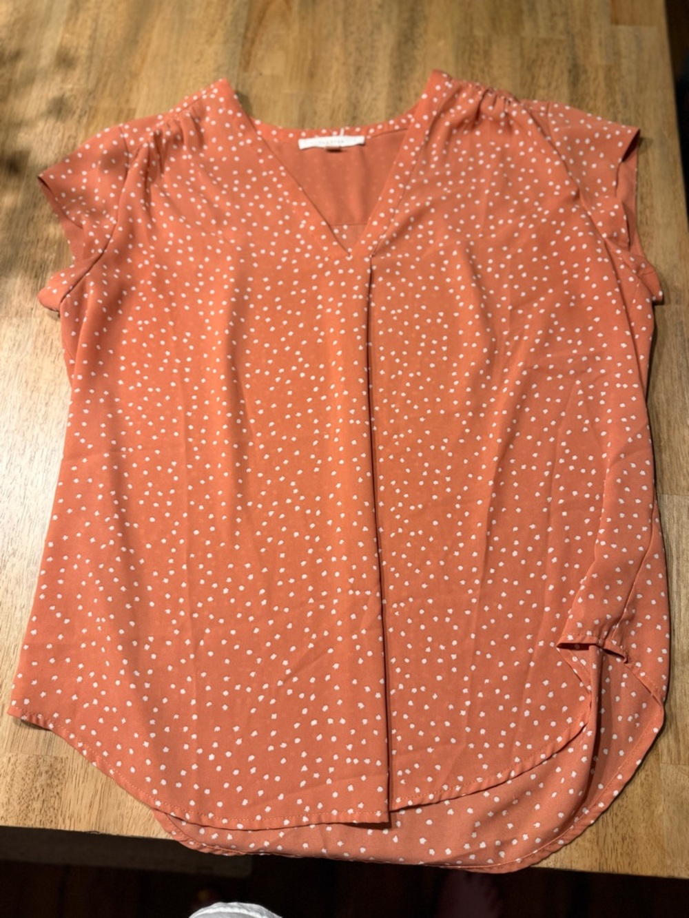 fun 2 fun Rust Polka Dot V-Neck Short Sleeve Blouse